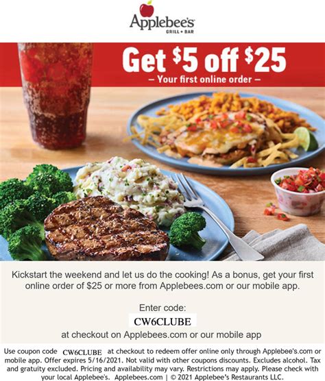 Applebees promo code 2023 - Get Deal. Popular Applebees Coupons for March 2024. Q&A with Applebee's. How do I use the Applebees coupons? Delicious food at a discount is just a few clicks away. Find an …